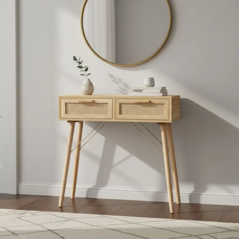 Freja - Konsolbord i massivt fyrretræ og naturlig rattan